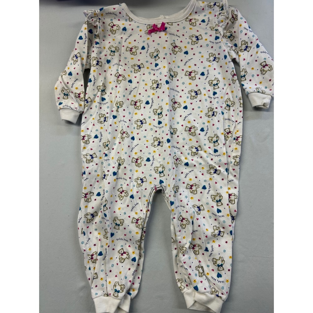 Vintage Little Lindsey Teddy Bear Print Footless Sleeper Pink Bow Ruffle 18M